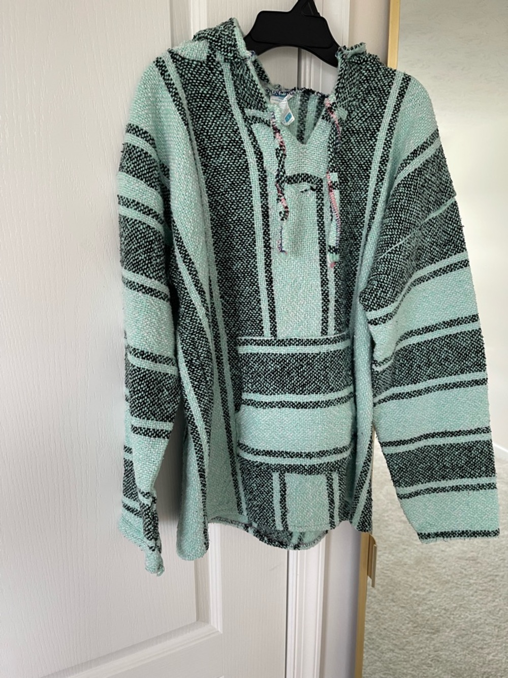 Mint Green and Black Striped Hooded Baja Sweater